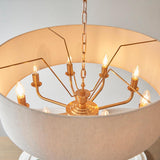 Endon Brenley 8 Light Pendant in vintage brass, viewed from below showing eight E14 candle lamps on splayed arms within a large natural linen shade.