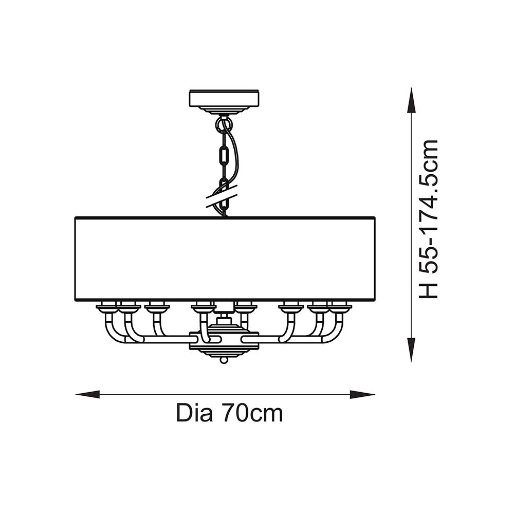 Dimension diagram of Endon Brenley 8 Light Pendant showing 70cm diameter linen shade and adjustable 55-174.5cm height on a white background.