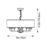 Dimension diagram of Endon Brenley 8 Light Pendant showing 70cm diameter linen shade and adjustable 55-174.5cm height on a white background.