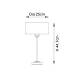 Dimension diagram of the Endon Brenley brass table lamp showing a 25cm shade diameter and 44.7cm height on a plain white background.