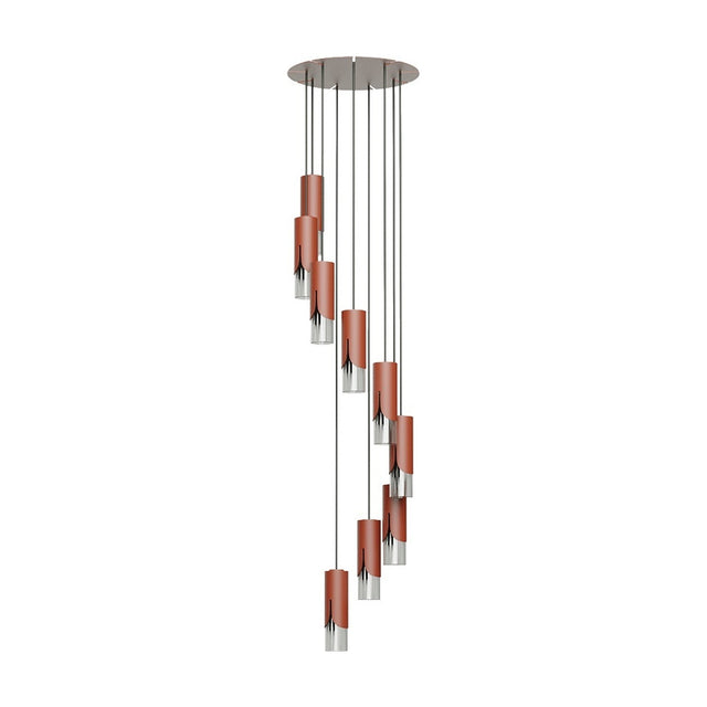 Bisel Spiral Cluster Glass Chandelier in matt terracotta, with multiple cylindrical drops on textile cables at stepped heights from a round chrome canopy, set against a white background.