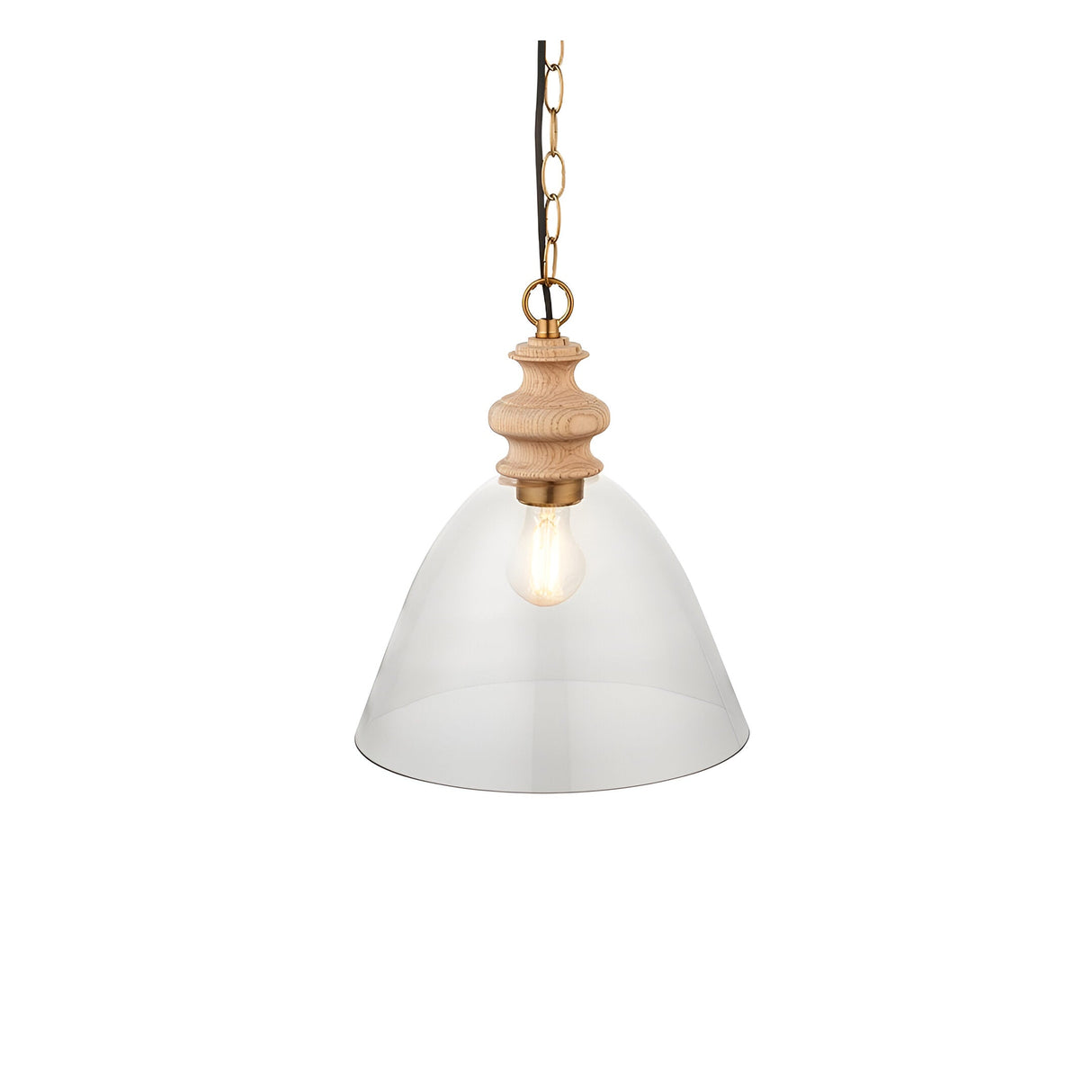 Bevwick Pendant light with a flared clear glass shade, turned natural ash wood top, brass detailing and black chain, shown on a plain white background.