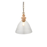 Bevwick Pendant light with a flared clear glass shade, turned natural ash wood top, brass detailing and black chain, shown on a plain white background.