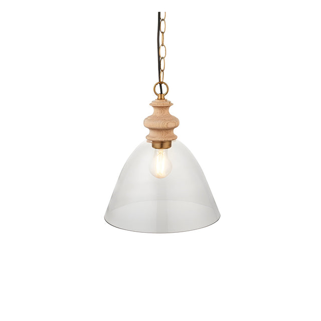 Bevwick Pendant light with a flared clear glass shade, turned natural ash wood top, brass detailing and black chain, shown on a plain white background.
