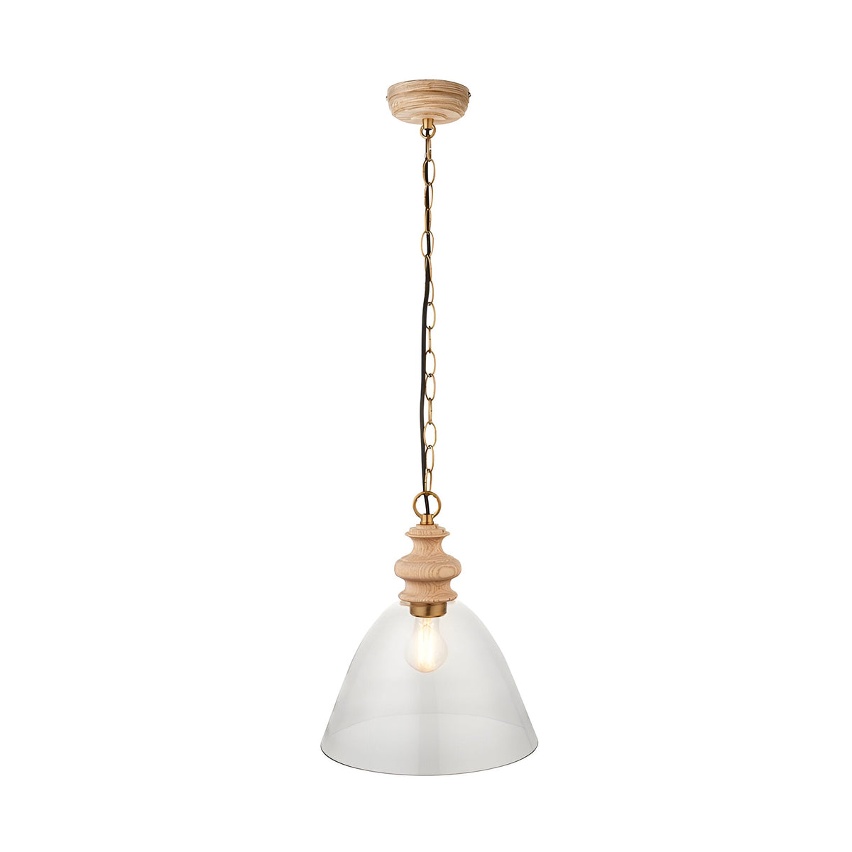 Bevwick single-light pendant with clear flared glass shade, turned natural ash wood top, and brushed brass chain and ceiling cover, on a plain white background.