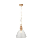 Bevwick single-light pendant with clear flared glass shade, turned natural ash wood top, and brushed brass chain and ceiling cover, on a plain white background.