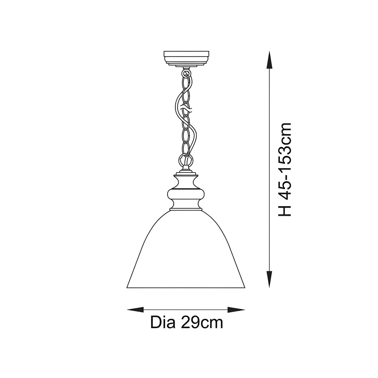 Line drawing of the Bevwick single-light pendant showing decorative chain, wood and brass detailing, and dome shade, with H 45-153cm and Dia 29cm dimensions.
