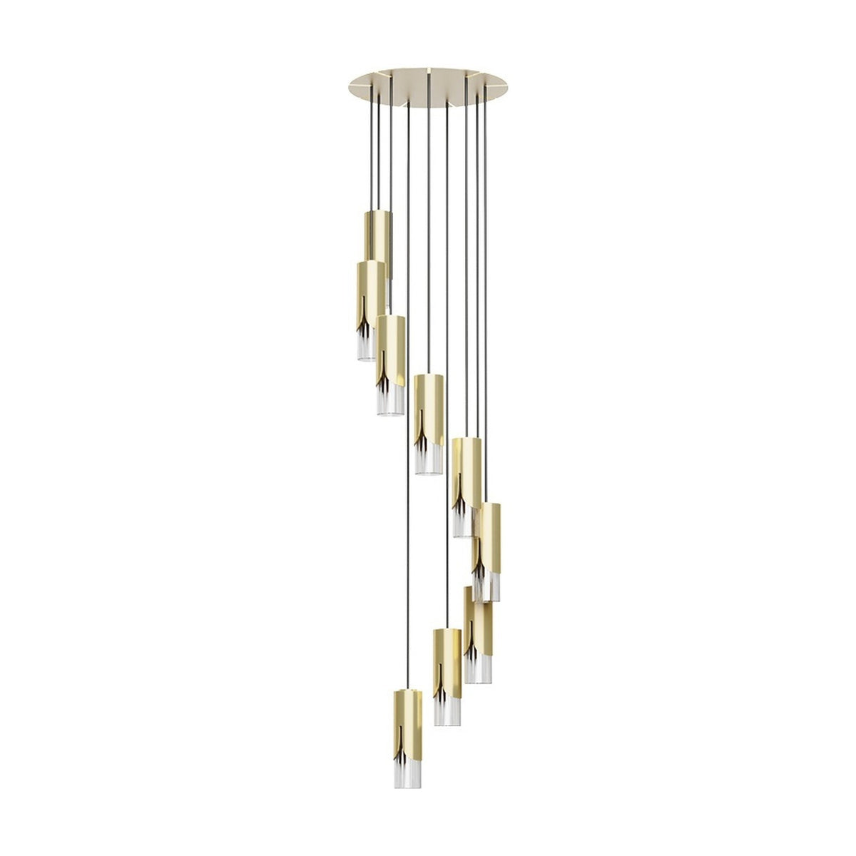Bisel Spiral Cluster Glass Chandelier in gold, featuring cylindrical gold-sleeved shades with clear glass bases cascading on cables from a round ceiling canopy, shown on a plain white background.