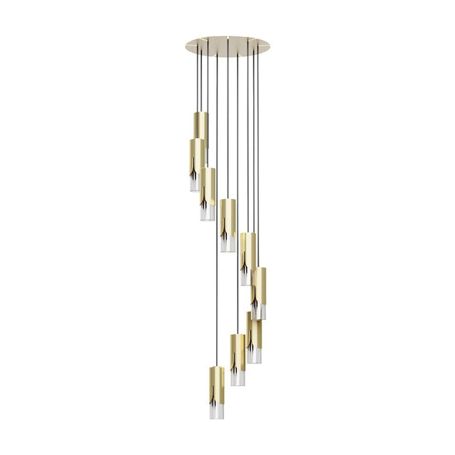 Bisel Spiral Cluster Glass Chandelier in gold, featuring cylindrical gold-sleeved shades with clear glass bases cascading on cables from a round ceiling canopy, shown on a plain white background.
