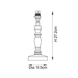 Dimensions diagram of the Endon Aldworth table lamp showing a turned wood spindle base measuring 27.2cm high with a 10.5cm diameter.