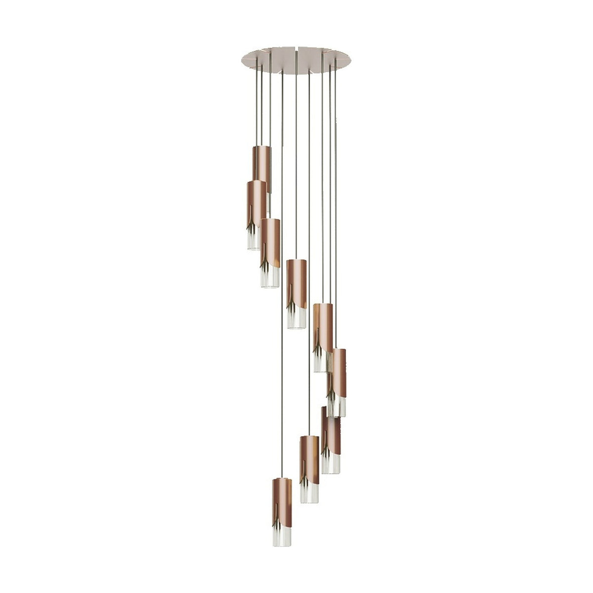 Bisel Spiral Cluster Glass Chandelier in copper, round ceiling canopy with multiple slim cylindrical iron shades on cables, stepping down in a spiral with clear glass tips, white background.