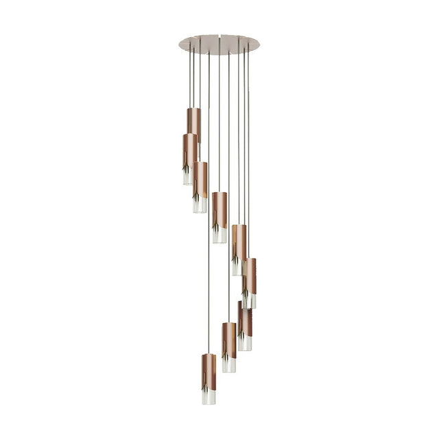 Bisel Spiral Cluster Glass Chandelier in copper, round ceiling canopy with multiple slim cylindrical iron shades on cables, stepping down in a spiral with clear glass tips, white background.