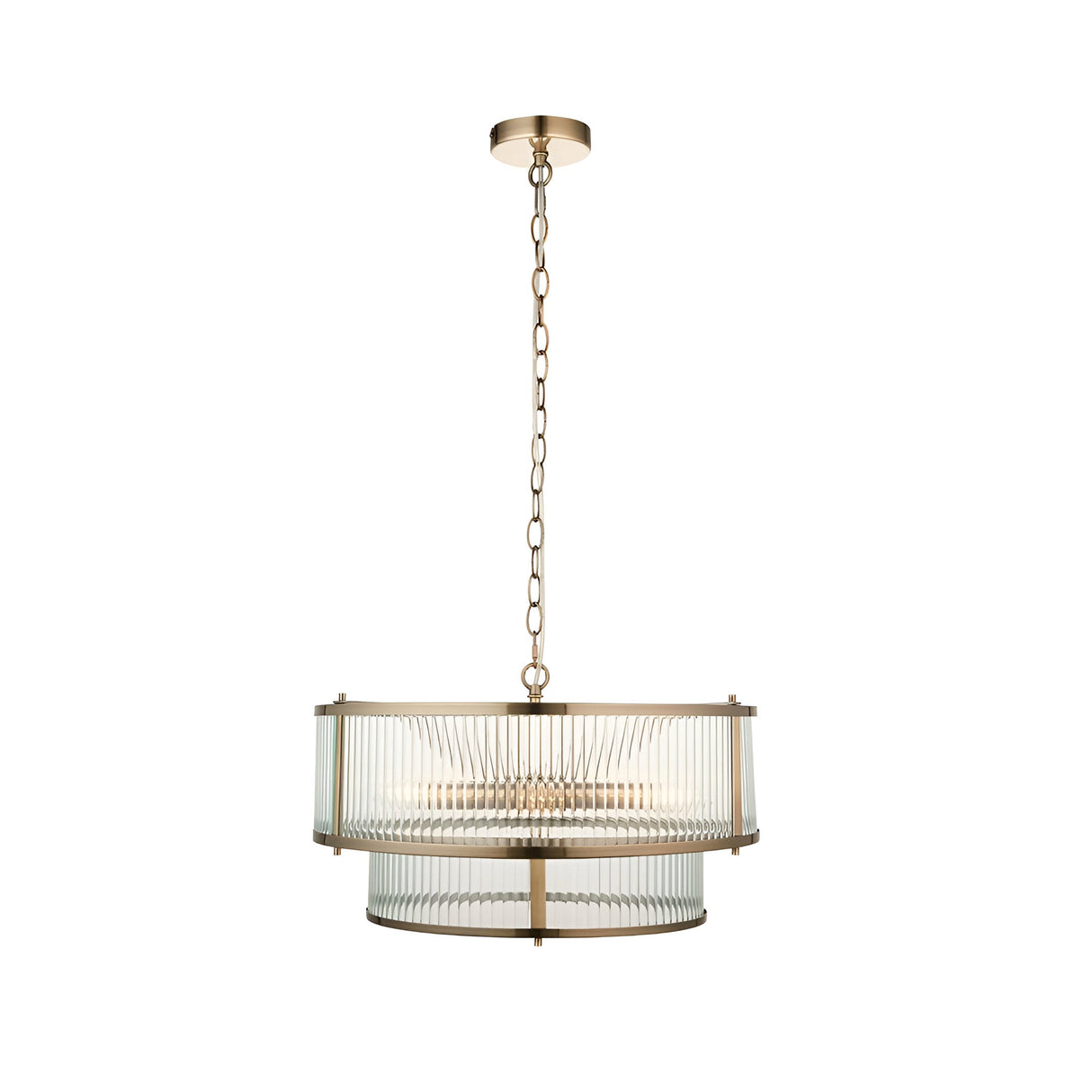 Endon Rothbury 5 light pendant in antique brass with two tiers of clear ribbed glass panel shades and chain suspension, on a white background.