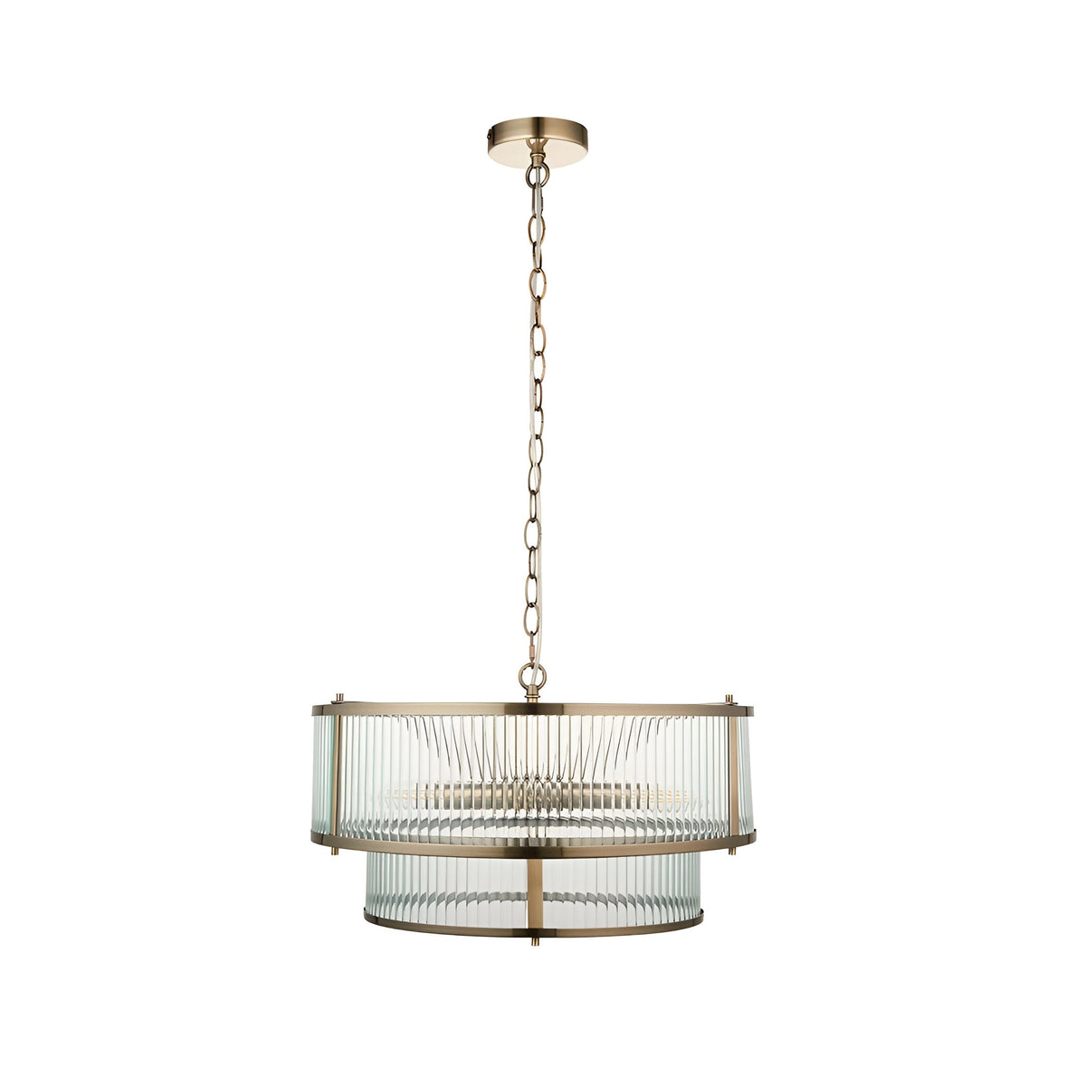 Endon Rothbury 5 light pendant in antique brass with two tiers of clear ribbed glass panel shades and chain suspension, on a white background.