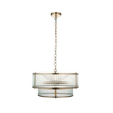 Endon Rothbury 5 light pendant in antique brass with two tiers of clear ribbed glass panel shades and chain suspension, on a white background.