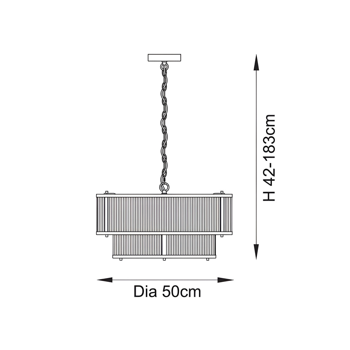 Dimension diagram of the Endon Rothbury 5 light pendant showing 50cm diameter and adjustable height of 42 to 183cm.