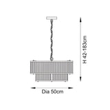 Dimension diagram of the Endon Rothbury 5 light pendant showing 50cm diameter and adjustable height of 42 to 183cm.