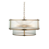 Endon Rothbury 5 light pendant in antique brass with two tiers of clear ribbed glass panel shades, suspended from a chain on a white background.