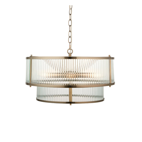 Endon Rothbury 5 light pendant in antique brass with two tiers of clear ribbed glass panel shades, suspended from a chain on a white background.