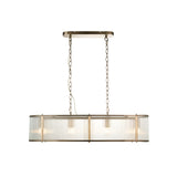 Rothbury 4 light linear pendant with ribbed glass shades in an antique brass frame, suspended from twin chains on a white background.