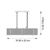 Line drawing of the Rothbury 4 Light Linear Pendant in antique brass with ribbed glass panels, twin chains, ceiling plate, W90x20cm, H35-178cm.