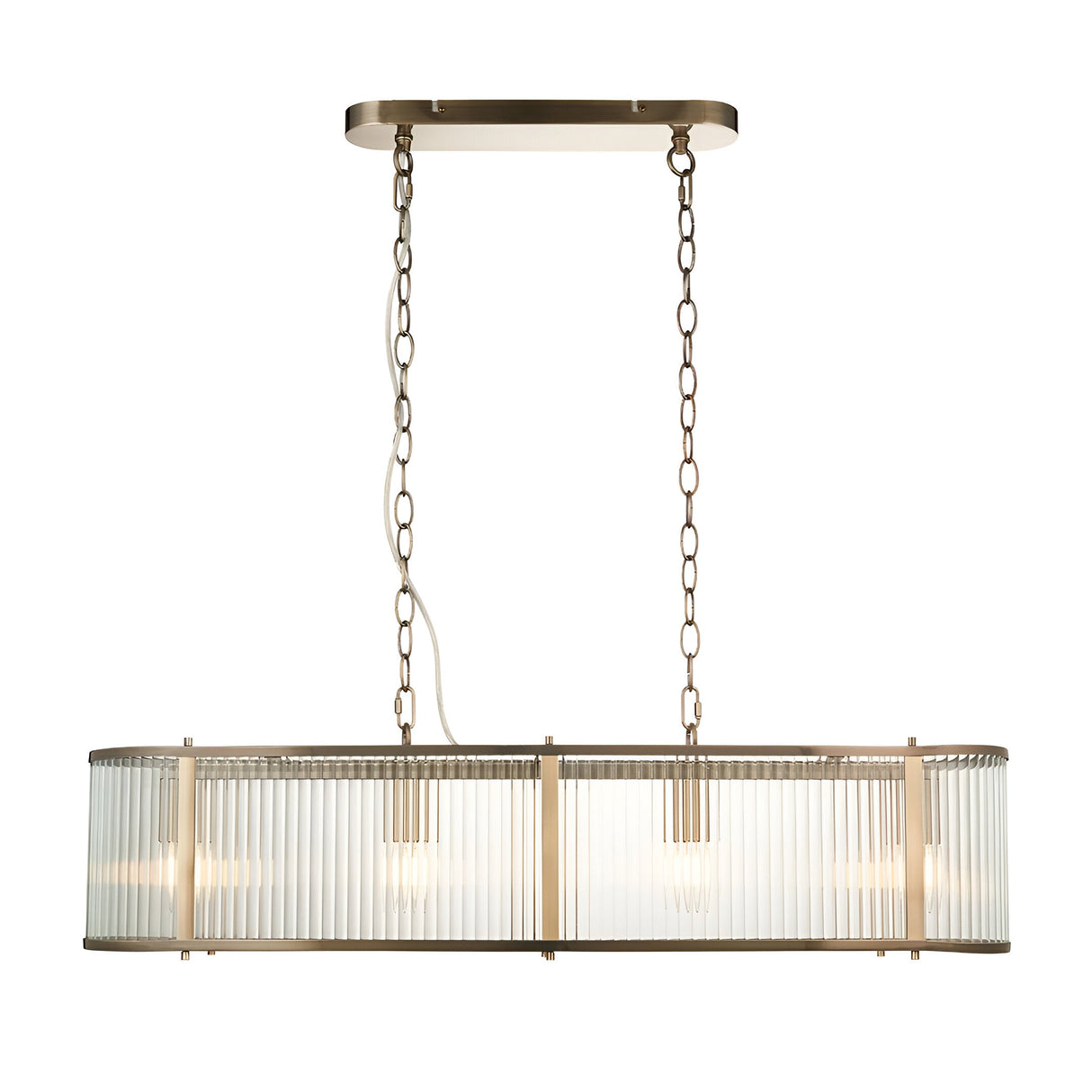 Rothbury 4-light linear pendant in antique brass with clear ribbed glass shades, hung by twin chains from a rectangular ceiling plate.