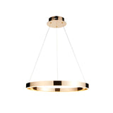 Endon Bramford LED pendant light with a slim gold ring diffuser suspended by fine wires from a round ceiling plate, shown on a white background.
