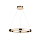 Endon Bramford LED pendant light with a slim horizontal gold ring and frosted diffuser, suspended on thin wires from a round ceiling plate.