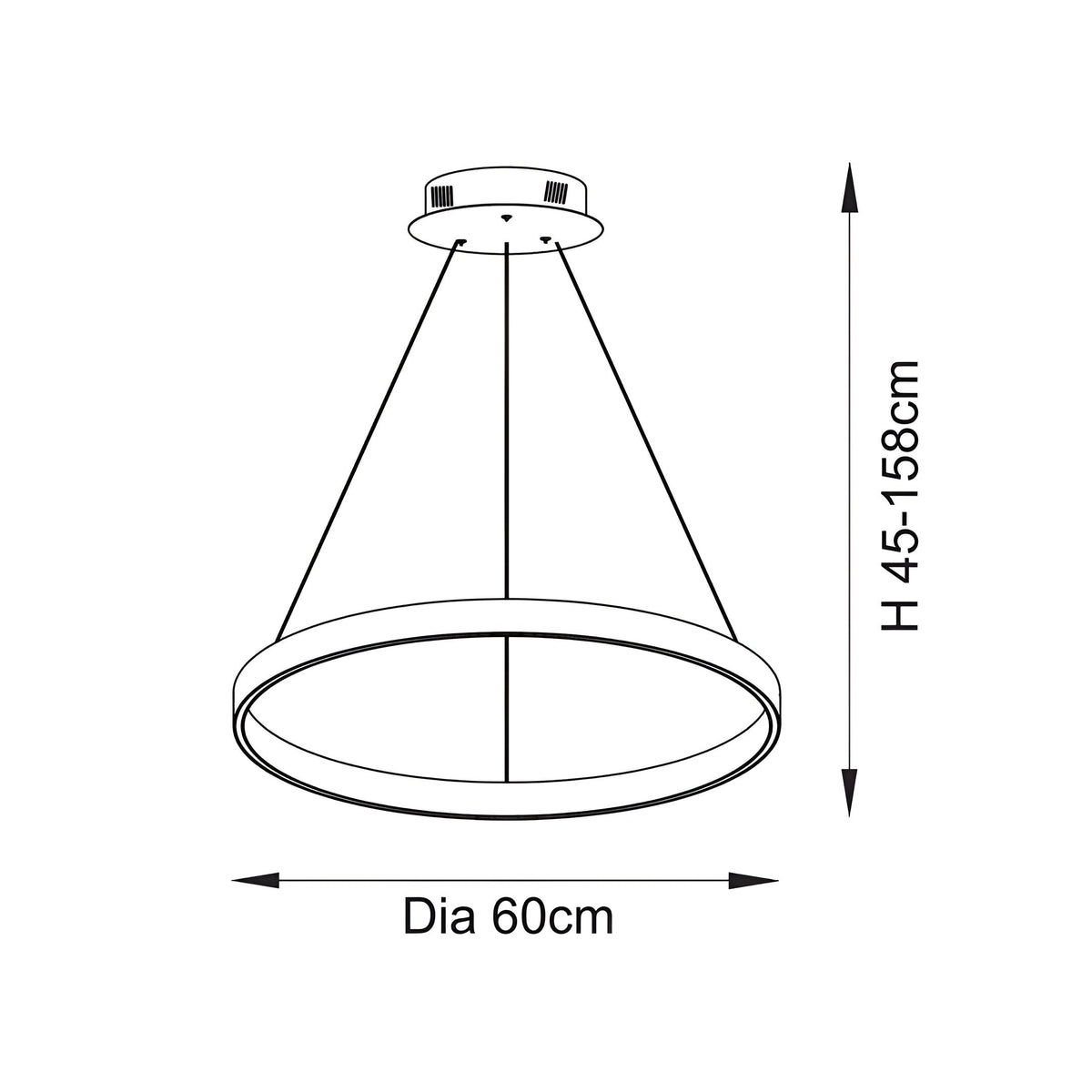 Dimension diagram of the Endon Bramford LED pendant showing a 60 cm diameter ring shade with adjustable 45–158 cm drop on a plain background.