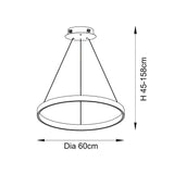 Dimension diagram of the Endon Bramford LED pendant showing a 60 cm diameter ring shade with adjustable 45–158 cm drop on a plain background.