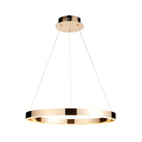 Endon Bramford LED pendant light in French gold with a slim horizontal ring and frosted diffuser, suspended by fine wire cables on a plain background.