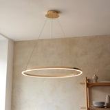 Cliffton LED pendant light with a slim circular gold-finish ring and white diffuser, suspended on fine cables above a dining area with wooden shelving.