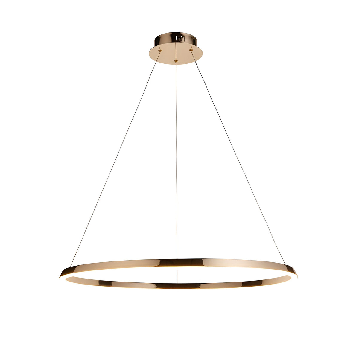 Cliffton LED pendant light with a slim gold ring frame and white diffuser, suspended on fine cables from a round ceiling plate, shown on a white background.
