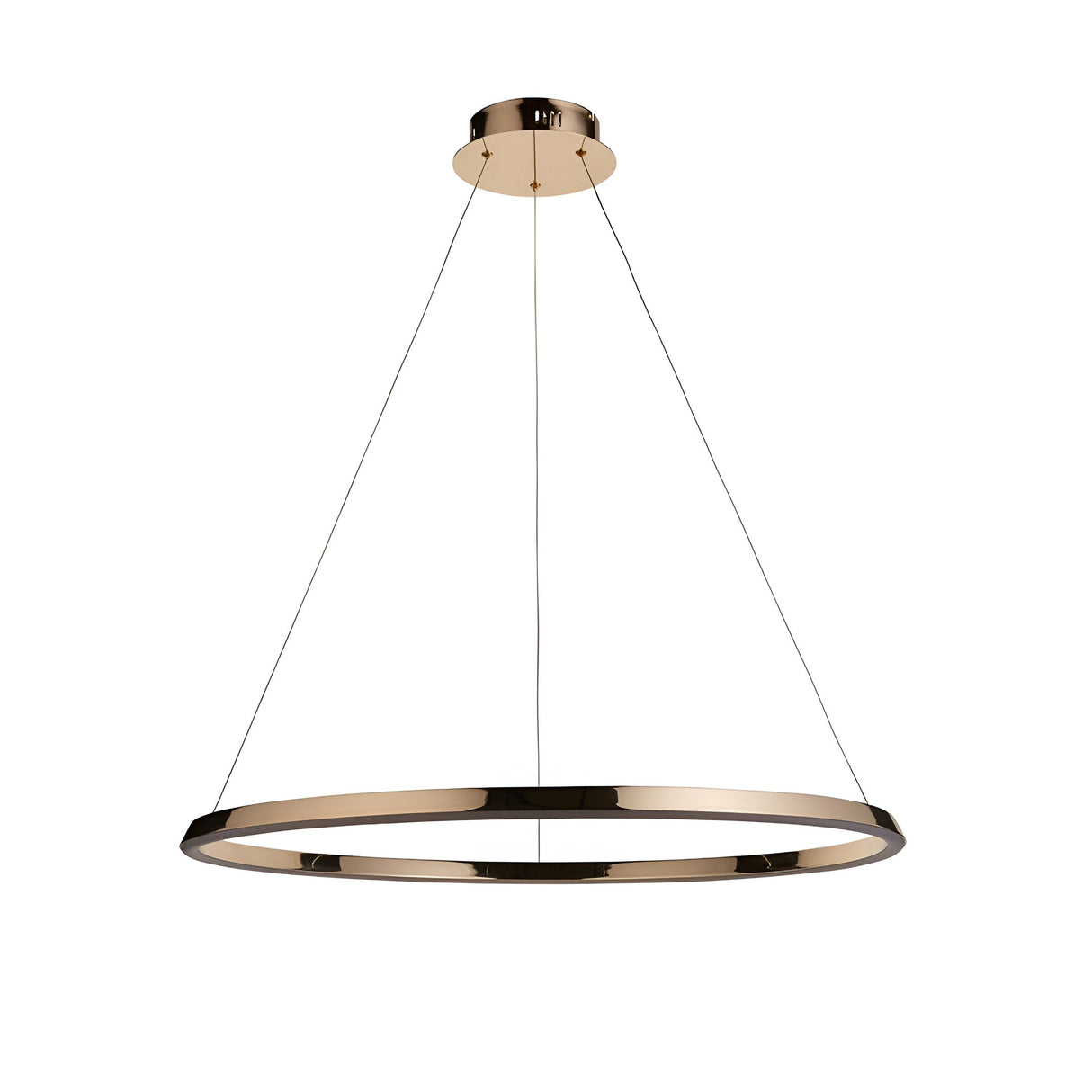 Cliffton LED pendant light with a large round gold ring suspended by fine cables from a ceiling plate, shown on a plain white background.
