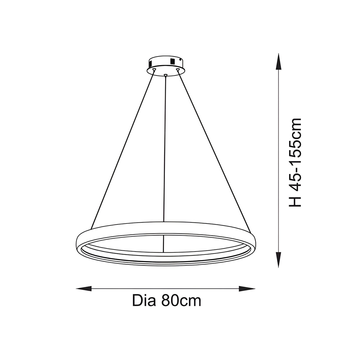 Technical line drawing of the Cliffton LED pendant light with round white ring shade, gold trim, three cables, 80cm diameter, and adjustable 45-155cm height.