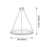 Technical line drawing of the Cliffton LED pendant light with round white ring shade, gold trim, three cables, 80cm diameter, and adjustable 45-155cm height.