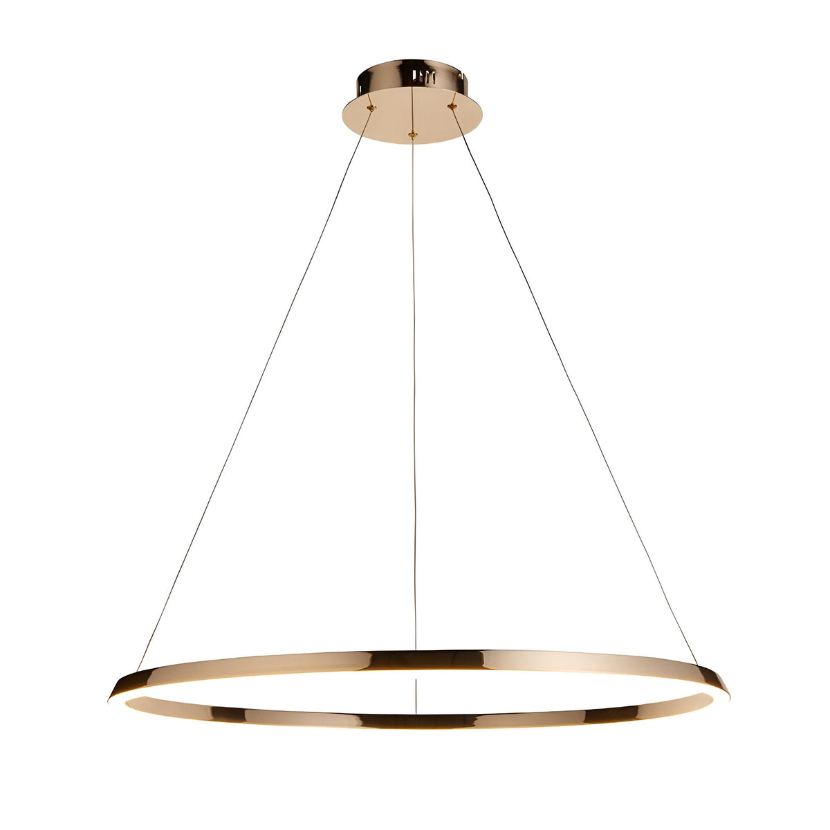 Cliffton LED pendant light, large gold metal ring suspended on fine cables from a round ceiling plate, shown against a plain white background.