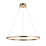 Cliffton LED pendant light, large gold metal ring suspended on fine cables from a round ceiling plate, shown against a plain white background.