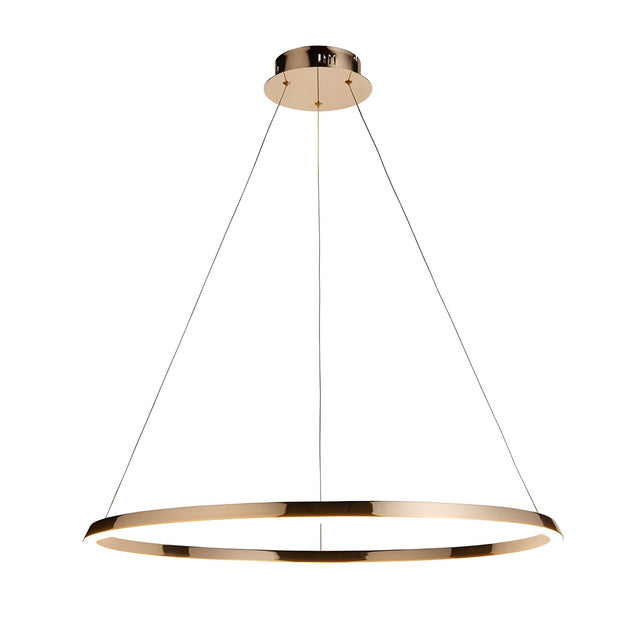 Cliffton LED pendant light, large gold metal ring suspended on fine cables from a round ceiling plate, shown against a plain white background.