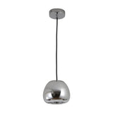 The Gulf Mini Glass Pendant Light - Silver features a sleek glass shade with a shiny chrome finish, suspended by a black cord and round ceiling mount, delivering modern style and elegant lighting to any room.
