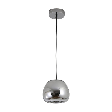 The Gulf Mini Glass Pendant Light - Silver features a sleek glass shade with a shiny chrome finish, suspended by a black cord and round ceiling mount, delivering modern style and elegant lighting to any room.
