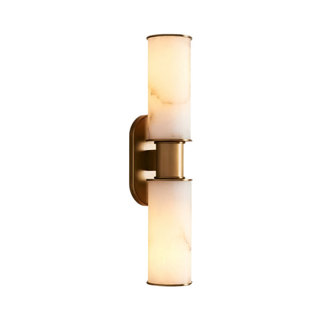 The Lumara 2 Light Twin Tube Alabaster Wall Light in soft white and brushed brass features two cylindrical alabaster shades stacked vertically on a sleek brass base, softly illuminating any space.