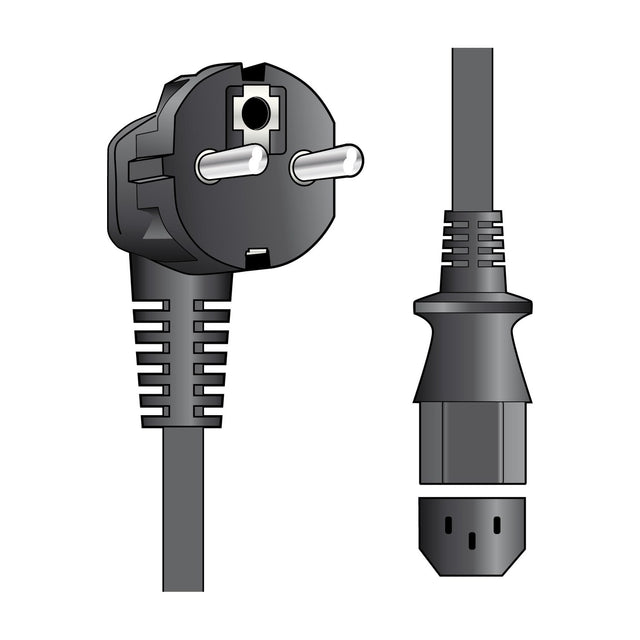 Mercury EU Schuko plug to IEC C13 mains lead by AVSL, showing black moulded angled Schuko plug and C13 female connector on a white background.