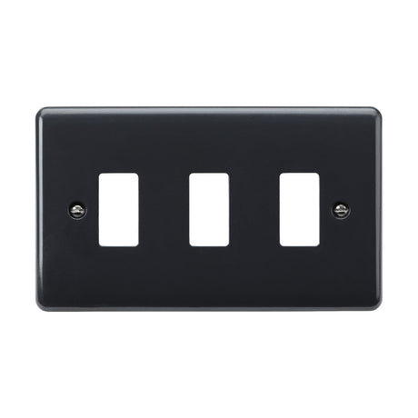 The 3 Gang Grid Faceplate [Part M Compliant] is a black light switch plate with three rectangular openings and curved edges, secured by two screws on either side.