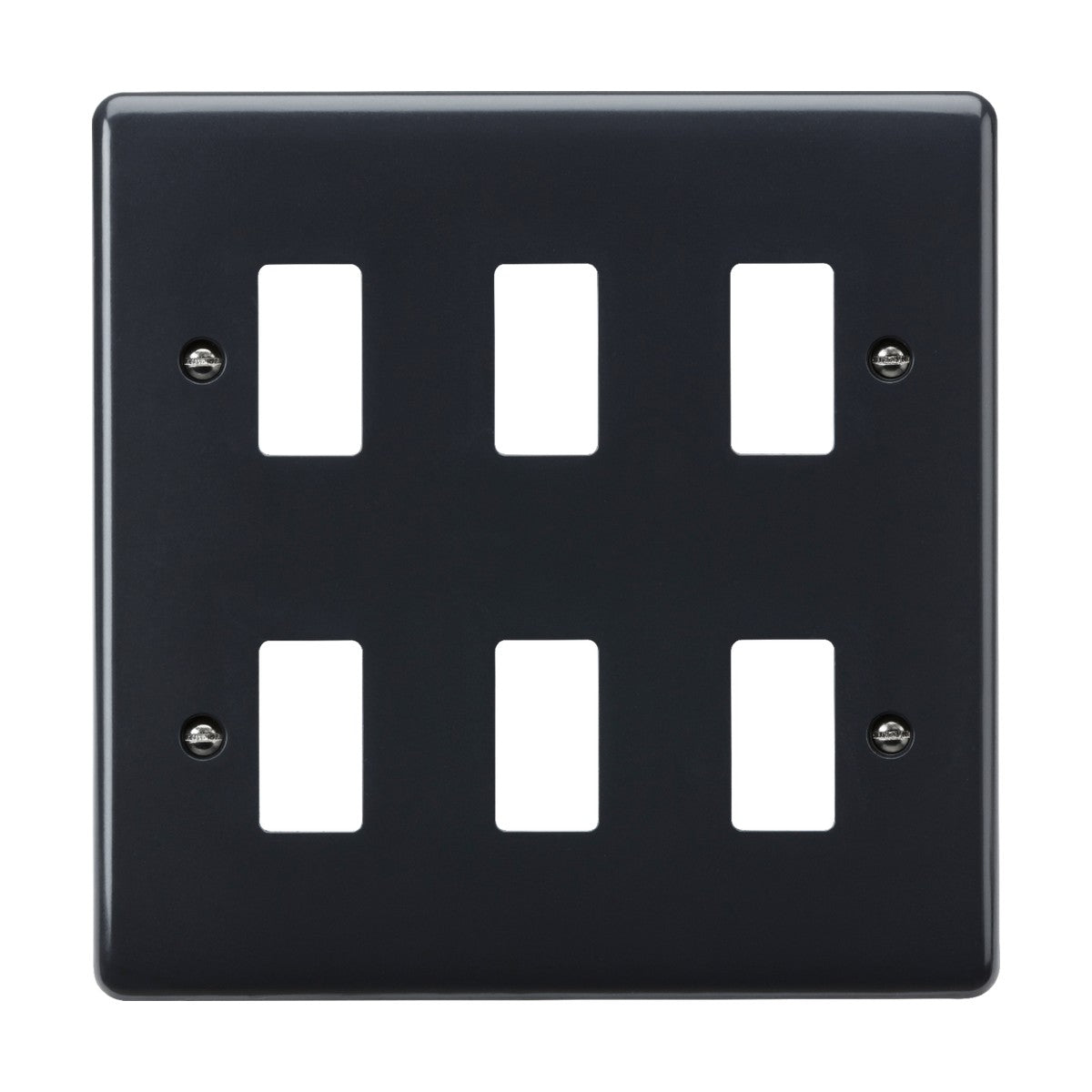 This sleek 6 Gang Grid Faceplate [Part M Compliant] is a black light switch cover with a glossy finish and anti-microbial properties. It features two horizontal rows of three rectangular openings, secured by four metal screws—one in each corner, enhancing aesthetics while providing safety as part of modern wiring accessories.
