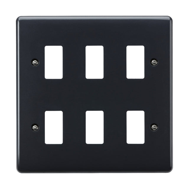 This sleek 6 Gang Grid Faceplate [Part M Compliant] is a black light switch cover with a glossy finish and anti-microbial properties. It features two horizontal rows of three rectangular openings, secured by four metal screws—one in each corner, enhancing aesthetics while providing safety as part of modern wiring accessories.