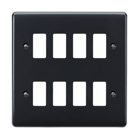 An 8 Gang Grid Faceplate [Part M Compliant] in anthracite, designed with a curved edge and rectangular cutouts for eight rocker switches. It includes four vertical slots on both the top and bottom rows, secured by visible screws.