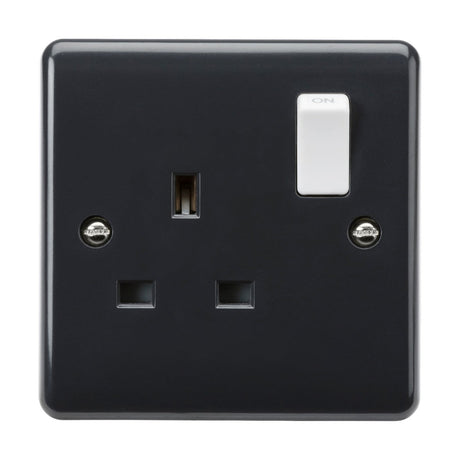 The 13A 1 Gang DP Switched Socket [Part M Compliant] is a stylish black electrical wall socket featuring a white switch in the on position. Designed to accommodate standard UK three-pin plugs, it boasts anti-microbial properties and seamlessly aligns with Building Regulations Part M requirements.