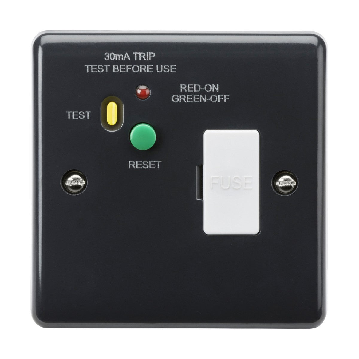 Close-up of a black 13A RCD Fused Spur (Type A) [Part M Compliant] with a curved edge, featuring a yellow TEST button, green RESET button, and white fuse switch. The panel reads 30mA TRIP and TEST BEFORE USE. It includes red and green lights labeled RED-ON and GREEN-OFF.