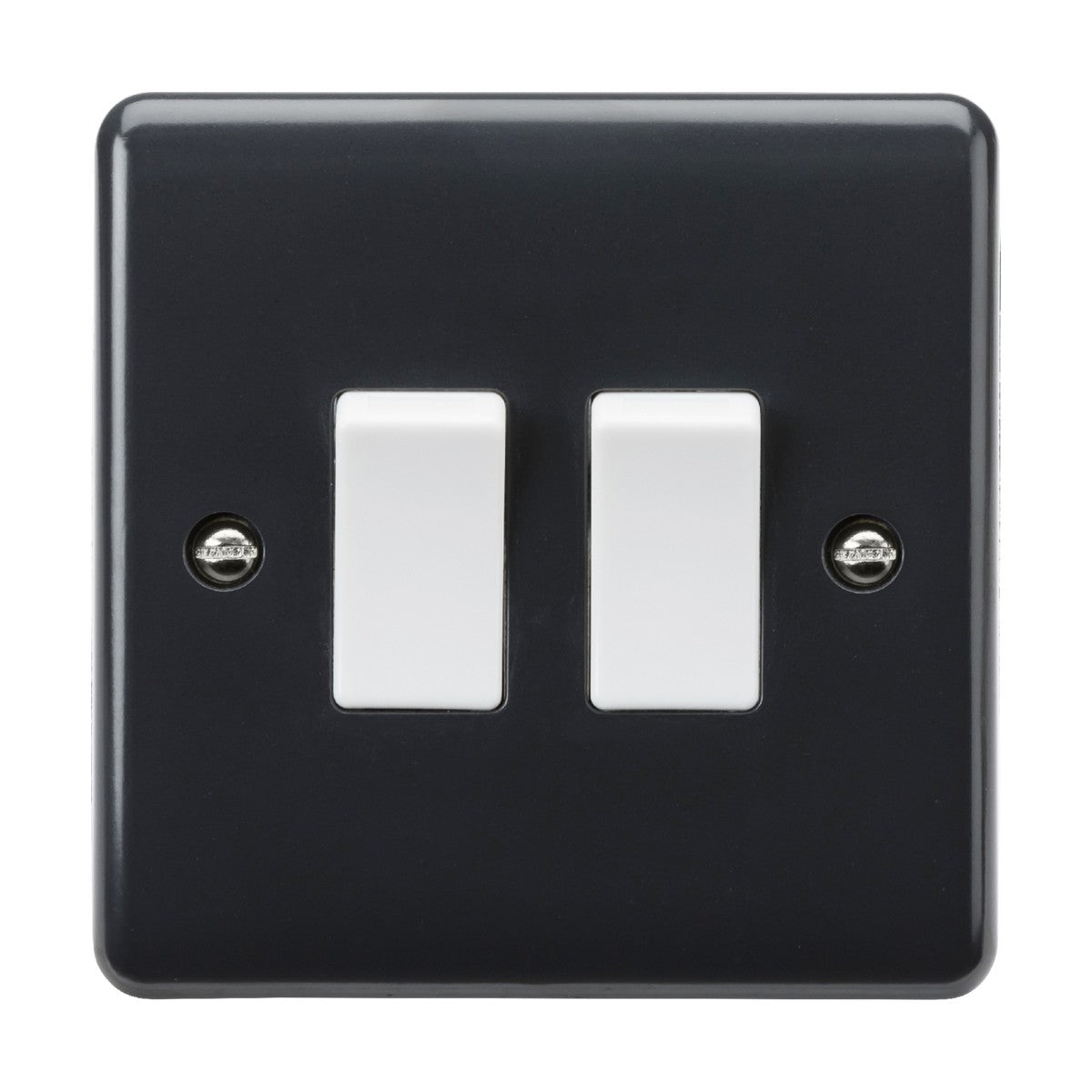 The 10AX 2 Gang 2-Way Switch, Part M Compliant, features two white rectangular switches on a sleek black square plate with visible screw heads. This elegant wiring accessory showcases anti-microbial properties, ensuring both style and safety in your space.